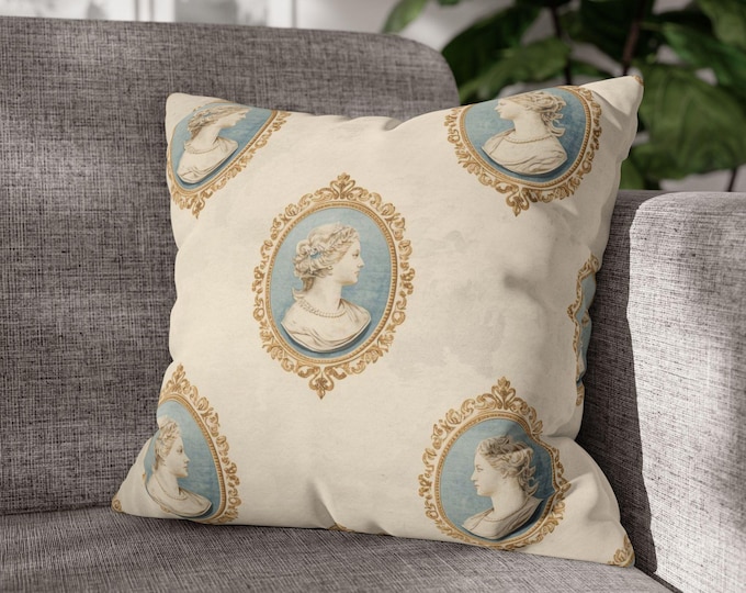 Victorian Cameo Pattern Throw Pillow | Classical Portrait Decorative Canvas Accent Cushion (18"x18")