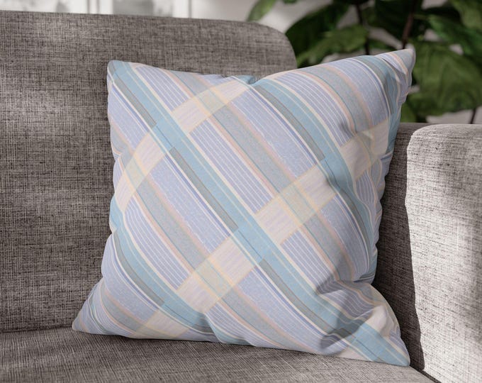 Pastel Blue Tartan Plaid Square Poly Canvas Throw Pillow | Light Blue Check Stripe Accent Cushion (18"x18")
