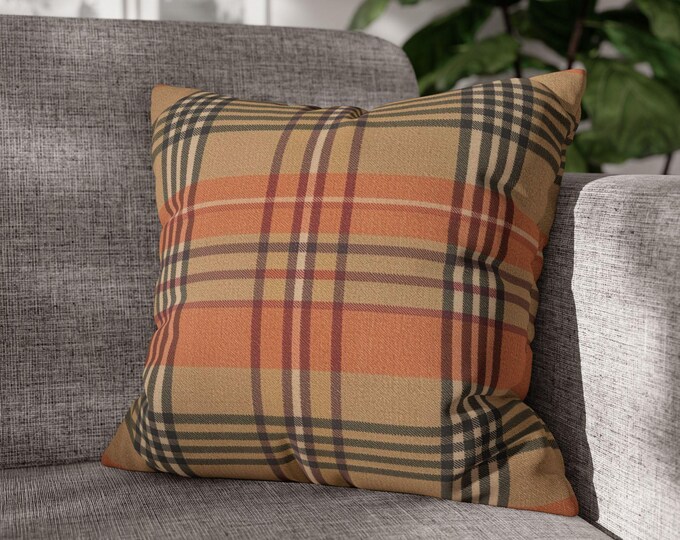Orange and Brown Tartan Plaid Square Throw Pillow | Canvas Accent Cushion | Preppy Home Decor (18"x18")