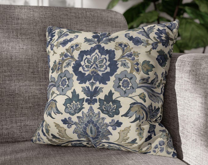 Blue Floral Damask Square Poly Canvas Throw Pillow | Decorative Cozy Accent Cushion (18"x18")