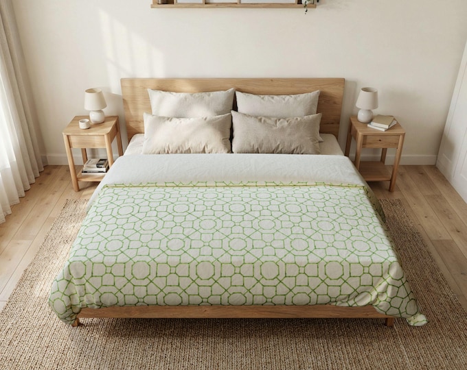 Preppy Trellis Duvet Cover | Green Ivory Geometric Bedding | Coastal Classic Preppy Bedroom Decor | Twin/Queen/king