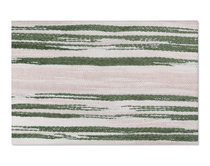 Green & Blush Stripe Area Rug – 6'x4' | Soft Preppy Coastal Floor Decor