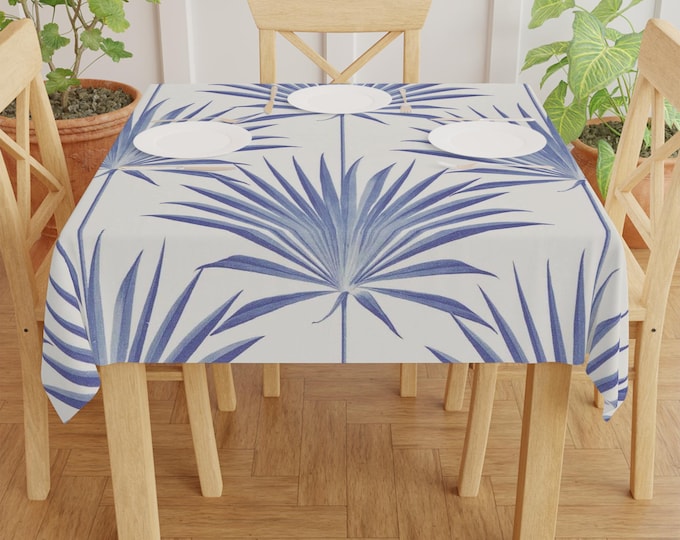 Blue Palm Fan Leaves Tablecloth | Tropical Botanical Table Linen