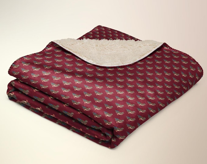 Mallard Reserve Bordeaux Burgundy Duck Print Sherpa Blanket 50x60 | Luxury Heritage Estate Throw | Cozy Country Club Home Décor