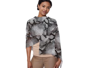 Black, Grey Python Snakeskin Animal Print Lightweight Neck Scarf | Luxury Shoulder Wrap | Elegant Resort Travel Accessory (27"x71")