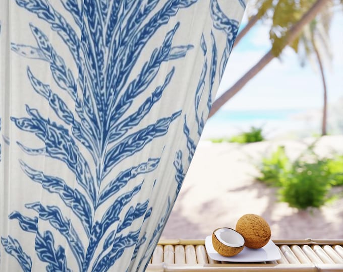 Blue Botanical Frond Window Curtain | Single Panel Drapery