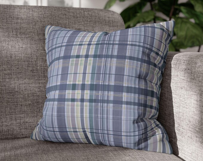 Blue Tartan Plaid Square Throw Pillow | Cozy Poly Canvas Accent Cushion | Preppy Stripe Pattern Cottage Cabin Lodge Decor (18"x18")