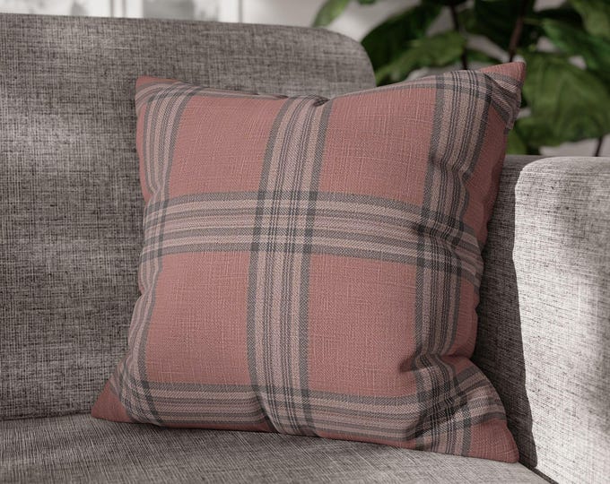 Pink and Beige Preppy Plaid Throw Pillow | Square Canvas Accent Cushion (18"x18")
