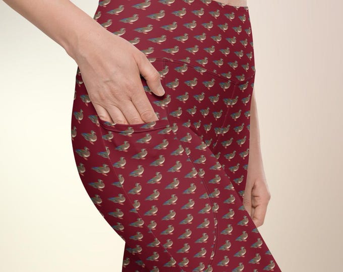 Mallard Reserve Bordeaux Burgundy Duck Print Pocket Leggings | High-Waisted Preppy Activewear | Matching Family & Pet | Top Nacch Luxe