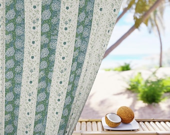 Green Floral Stripe Window Curtain | Single Panel, Bohemian Botanical Pattern