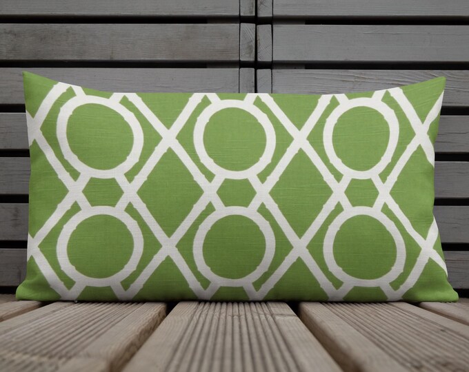 Green Geometric Lumbar Pillow 12x20 | Green & White Preppy Trellis Coastal Accent Cushion