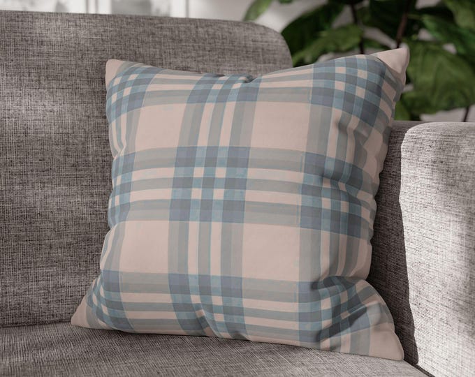 Blue & Beige Plaid Square Poly Canvas Throw Pillow | Rustic Check Cozy Accent Cushion | Preppy Lodge Cabin Cottagecore Home Decor (18"x18")