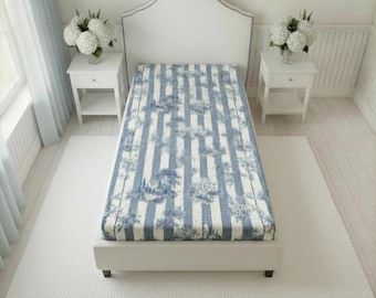 Blue Toile Cottage Stripe Twin Flat Sheet | Vintage Floral Cabin Pattern