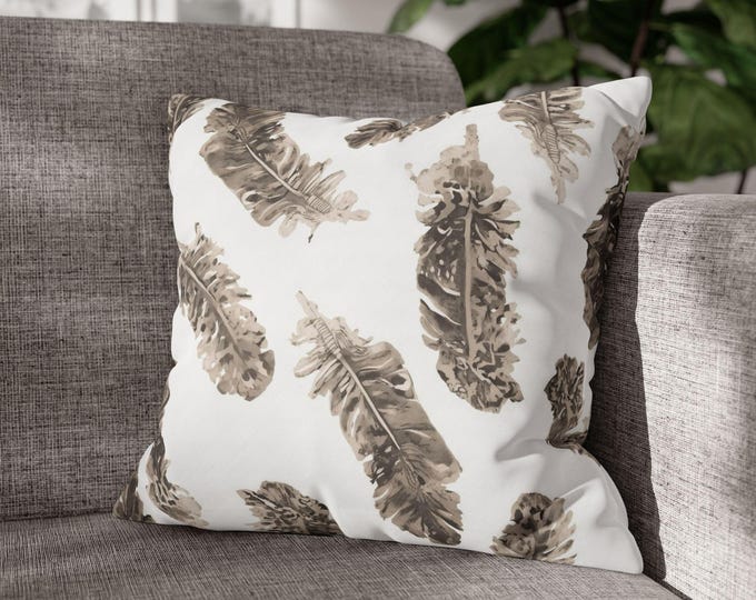 Watercolor Feather Pattern Square Pillow | Neutral Boho Throw Pillow (18"x18")