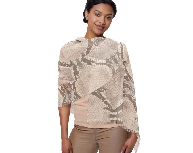 Neutral Snakeskin Pattern Lightweight Neck Scarf | Beige Python Print Luxury Shoulder Wrap | Elegant Resort Travel Shaw (27"x71")