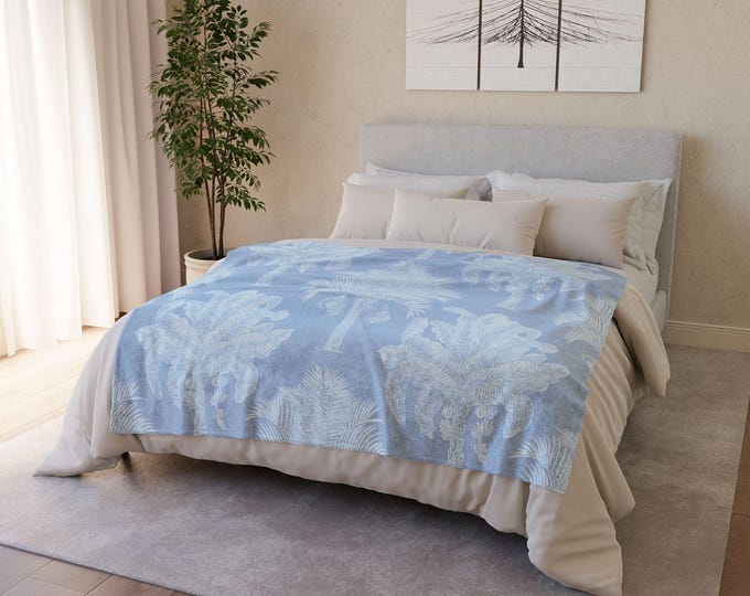 Coastal Palm Tree Throw Blanket 50x60 | Blue & White Tropical Coastal Home Decor