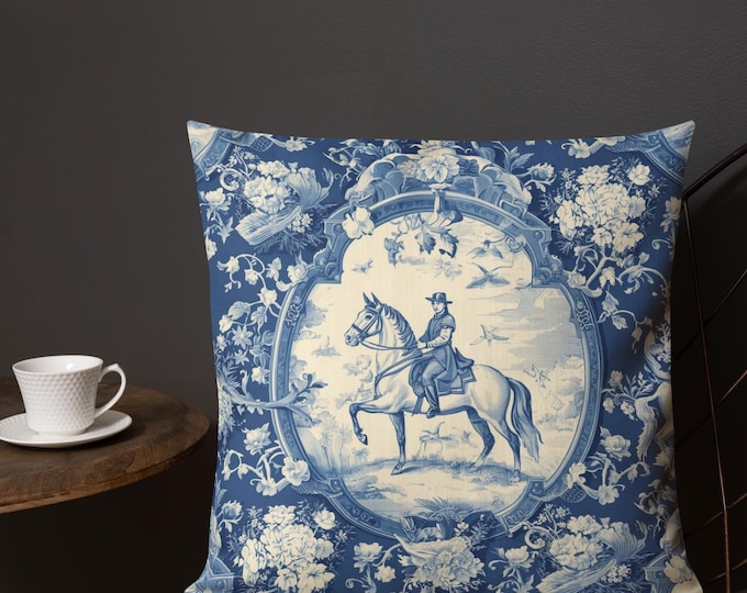 Blue and White Chinoiserie Fox Hunting Pillow, Toile Horse Rider Cushion, Grandmillennial Decor, Traditional Elegant Throw Pillow 18x18