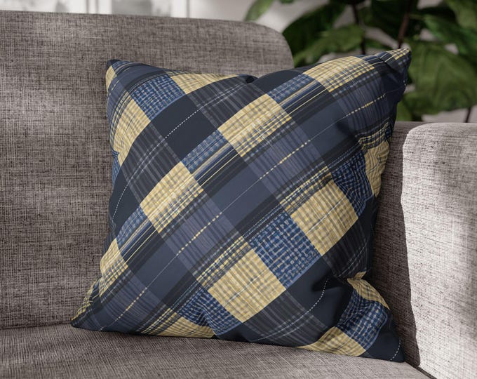 Blue & Tan Tartan Plaid Square Poly Canvas Throw Pillow | Preppy Checkered Accent Cushion (18"x18")