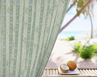 Green Floral Stripe Window Curtain | Single Panel, Vintage Botanical Pattern