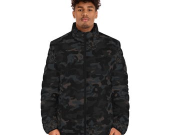 Dark Camo Pattern Men's Puffer Jacket | All-Over Print