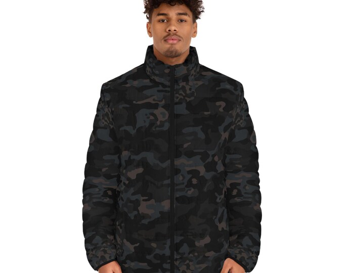 Dark Camo Pattern Men's Puffer Jacket | All-Over Print