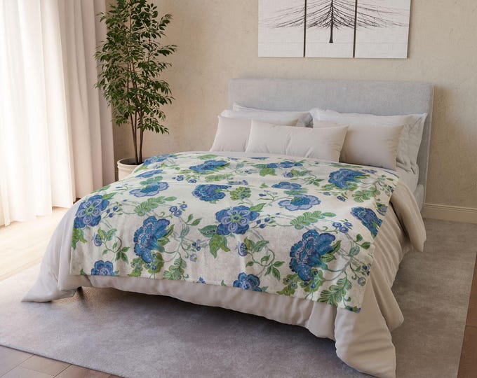 Blue & Green Botanical Throw Blanket 50x60 | Vintage Floral Cottage Garden Decor