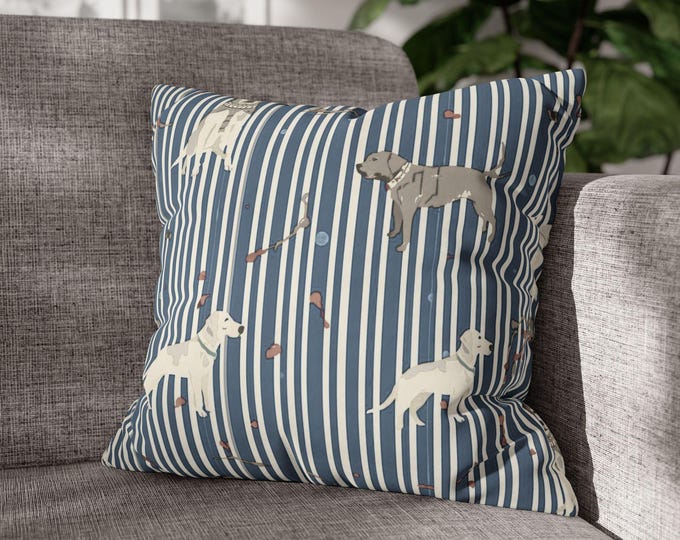 Labrador Dog Pattern Square Pillow | Blue Striped Canine Throw Cushion | 18"x18"
