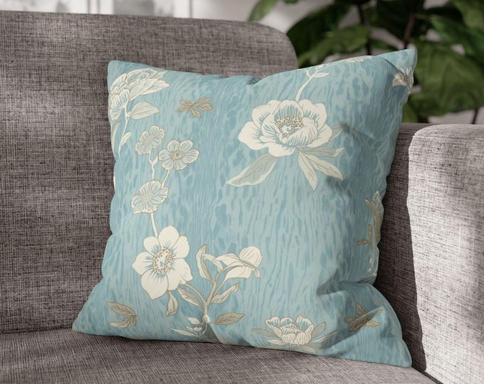 Vintage Floral Pillow | Blue Cream Cottage Rose Throw Cushion (18"x18")