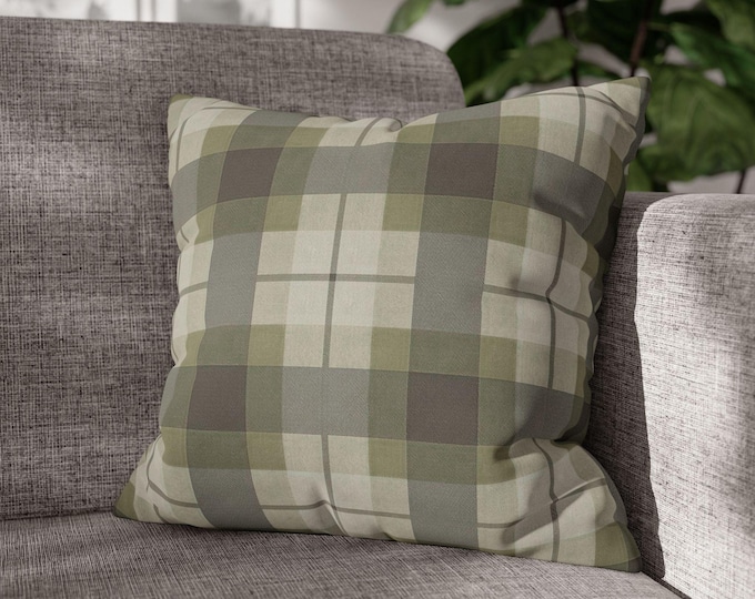 Green Plaid Square Poly Canvas Square Throw Pillow | Tartan Check Accent Cushion | Cozy Cabin Lodge Cottagecore (18"x18")