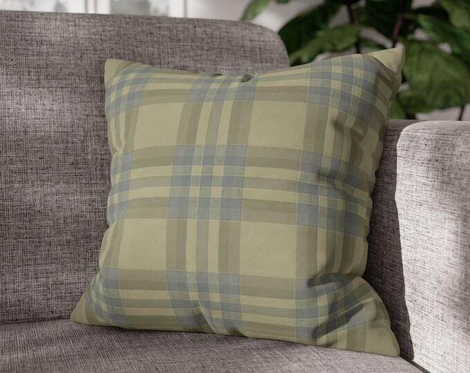 Muted Sage Green & Blue Tartan Plaid Square Throw Pillow | Neutral Preppy Stripe Pattern Accent Cushion | Cabin Lodge Cottage (18"x18")