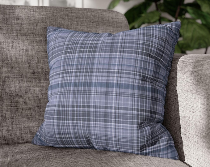 Blue Tartan Plaid Square Throw Pillow | Cozy Poly Canvas Accent Cushion | Preppy Stripe Pattern Lodge Cabin Cottage Decor (18"x18")