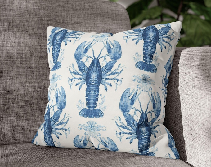 Blue White Lobster Toile Pillow, Coastal Chinoiserie Nautical Decor, Hamptons Style Cushion