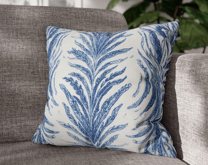 Blue Botanical Fern Print Square Pillow | Coastal Leaf Pattern Cushion | 18"x18"