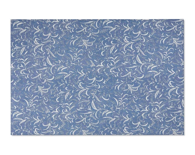Blue Floral Swirl Area Rug | Coastal Scroll Pattern Room Decor Floor Mat (72"x48")