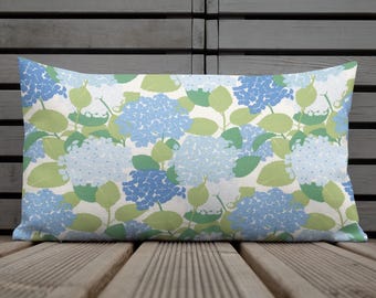 Blue & Green Botanical Lumbar Pillow 12x20 | Vintage Floral Cottage Garden Accent