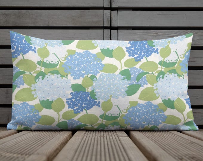 Blue & Green Botanical Lumbar Pillow 12x20 | Vintage Floral Cottage Garden Accent