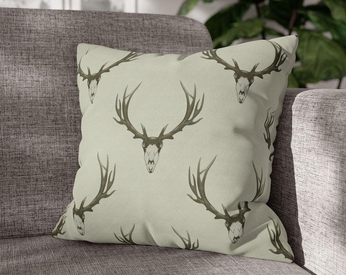 Deer Skull Antlers Pattern Square Throw Pillow | Rustic Woodland Accent Cushion (18"x18")