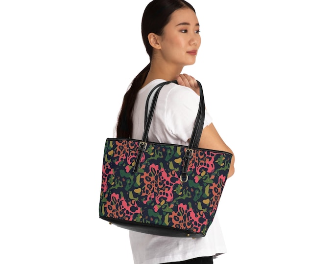 Colorful Leopard Print PU Leather Shoulder Bag | Animal Print Tote | 16"x10"