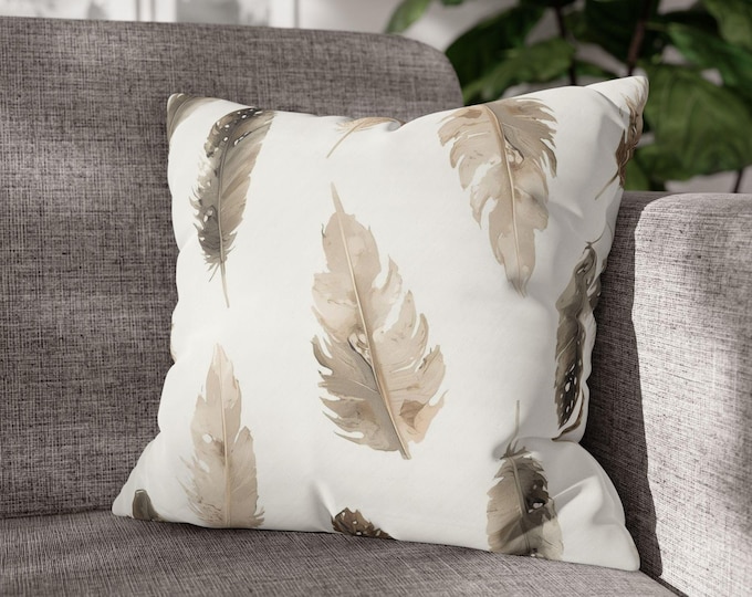 Neutral Watercolor Feathers Pillow | Boho Decorative Throw Pillow | 18"x18"