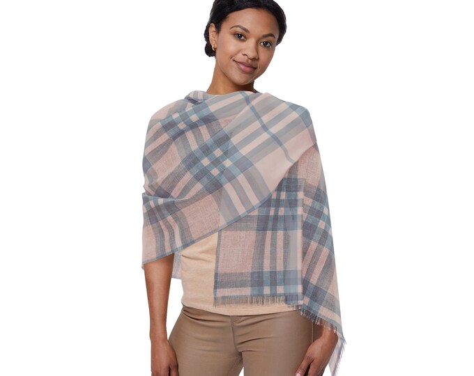 Soft Blue Tartan Plaid Print Light Scarf | Preppy Classy Stripe Pattern | Luxury Resort Travel Accessory (27"x71")