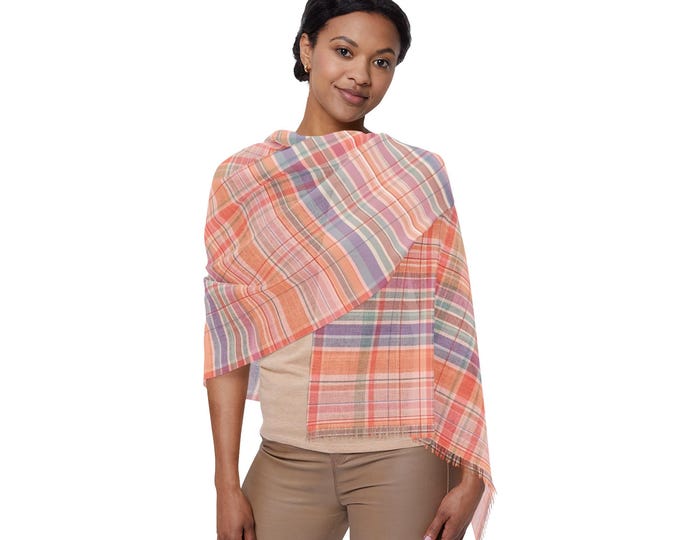 Peach Coral Tartan Plaid Lightweight Neck Scarf | Pastel Striped Luxury Shoulder Wrap | Spring Summer Resort Travel Accessory (27"x71")