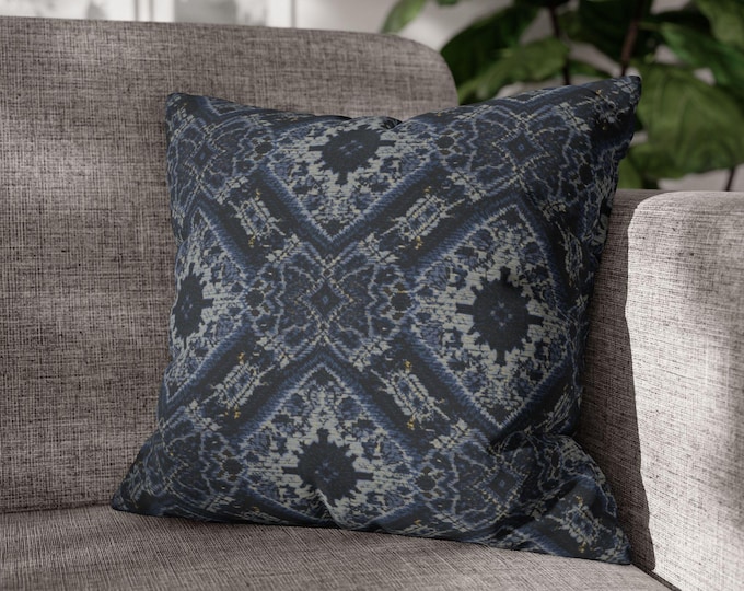 Blue Ikat Geometric Pattern Square Throw Pillow | Navy Boho Canvas Accent Cushion (18"x18")