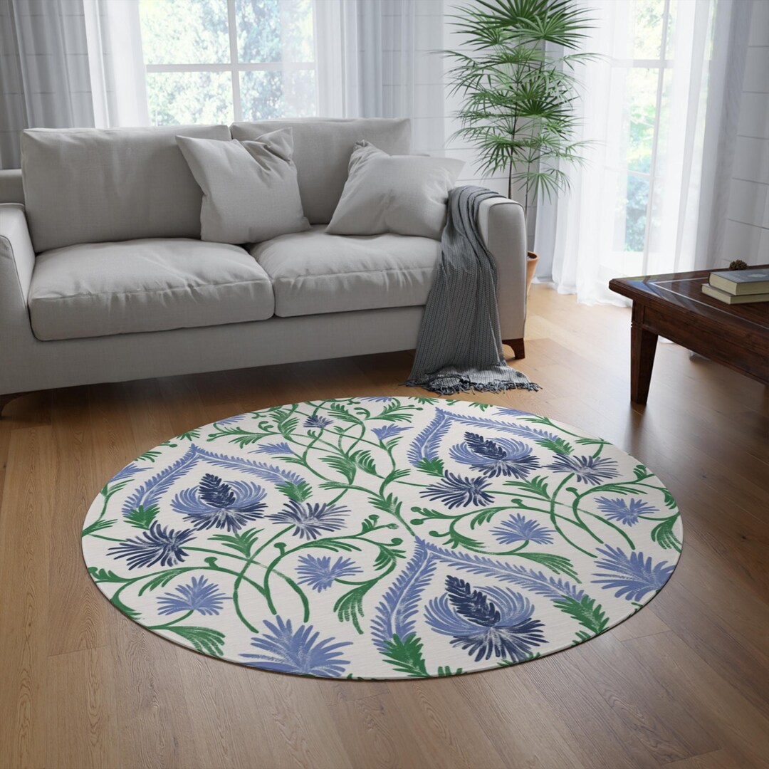 Blue Green Floral Pattern Round Rug | Bohemian Medallion Floor Decor - Etsy