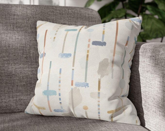 Abstract Mid-Century Croquet Mallets Brushstroke Pattern Square Pillow | Neutral Blue Tan Cushion | 18"x18"
