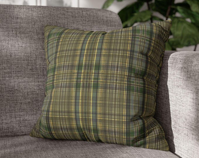 Green & Tan Tartan Plaid Square Throw Pillow | Stripe Preppy Pattern | Poly Canvas Accent Cushion (18"x18")