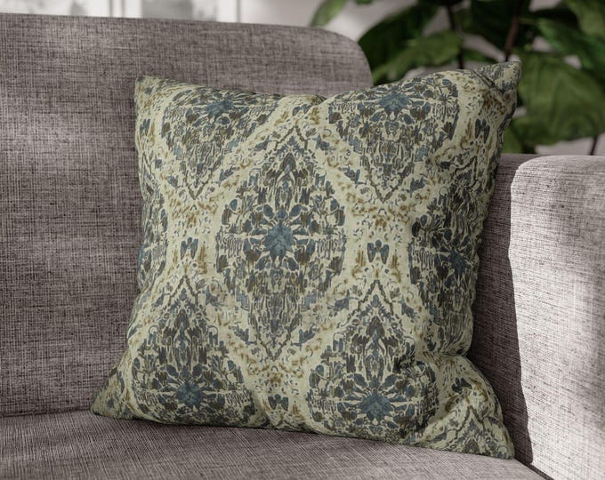 Vintage Green Ikat Damask Square Throw Pillow | Boho Decorative Canvas Accent Cushion (18"x18")