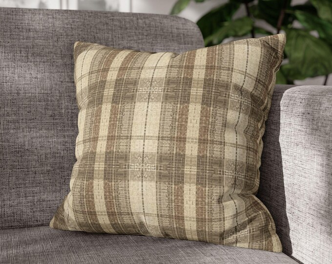 Neutral Brown Tartan Plaid Square Throw Pillow | Rustic Tan Stripe Accent Cushion | Cozy Cabin Cottagecore Lodge (18"x18")