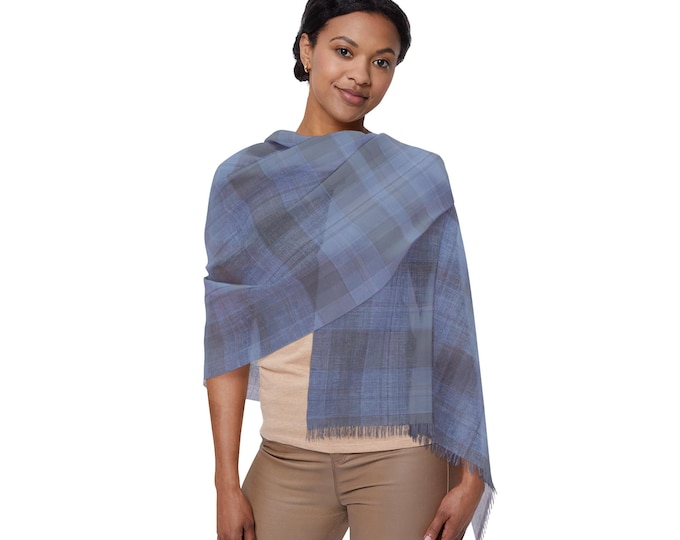 Blue Tartan Plaid Lightweight Neck Scarf | Preppy Striped Luxury Shoulder Wrap | Elegant Resort Travel Accessory (27"x71")