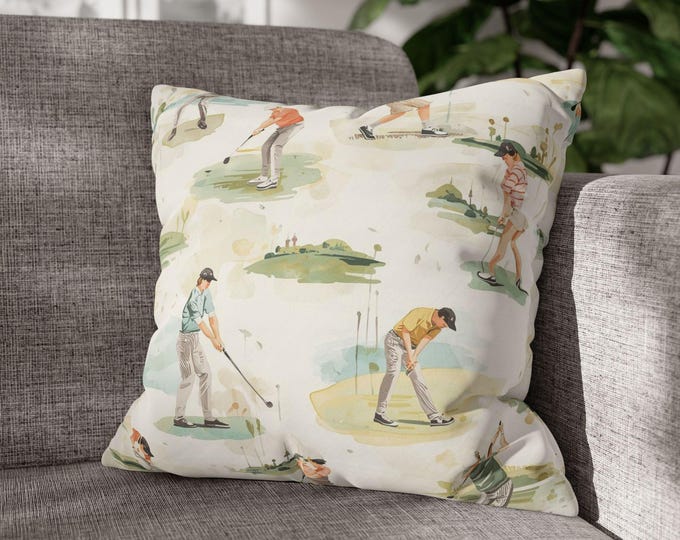 Watercolor Golfers Pattern Pillow | Square Poly Canvas Cushion | 18"x18"