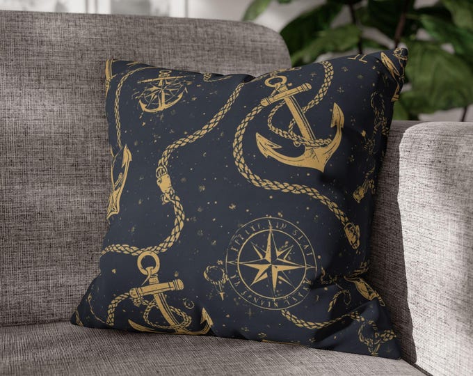 Nautical Anchors Compass Pattern Pillow | Square Poly Canvas Pillow